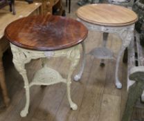 A pair of Victorian mahogany topped cast iron pub tables W.61cm and W.65cm.