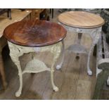 A pair of Victorian mahogany topped cast iron pub tables W.61cm and W.65cm.