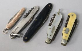 Five folding pocket knives -one silver, one gold faced, three with corkscrews