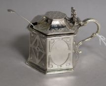 A Victorian engraved silver hexagonal mustard, by The Angells, London, 1847, with earlier spoon,
