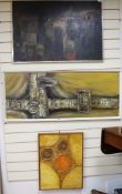 J.M. Cashman, oil on board, untitled, 45 x 113cm, and two other oils