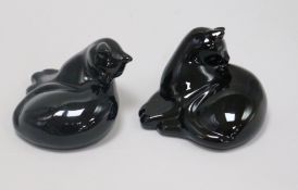 Two black glass cats, signed Baccarat