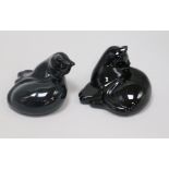 Two black glass cats, signed Baccarat