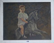J. Morley, oil on canvasboard, child on a rocking horse, signed and dated 1950, 40 x 49cm
