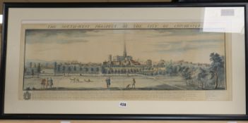 After A & N Buck, coloured engraving, The South West Prospect of the City of Chichester, 30 x 80cm