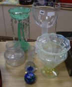 A Victorian vaseline glass vase, a green glass table lustre and other glass tallest 38cm