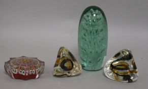 A glass dump and two Caithness "pebbles" and a Perthshire paperweight dump height 14cm