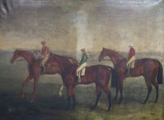 19th century English School, oil on canvas, naive study of jockeys awaiting the start, 100 x 126cm