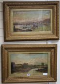 Williams and Collins, two oils on canvas, figures beside a river and Swiss lake scene, signed, 25