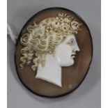 A 19th century white metal mounted oval cameo brooch, carved with the bust of a lady, 48mm