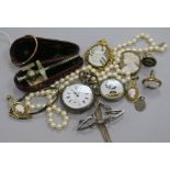 A 9ct gold bangle, two pocket watches and mixed costume jewellery etc
