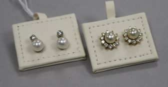 A pair of 18ct white gold and cultured pearl drop ear studs and a pair of 18ct gold, cultured