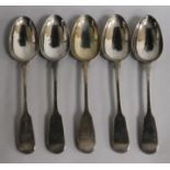 A set of five Victorian silver fiddle pattern table spoons, Elizabeth Eaton, London, 1865, 11.5 oz.