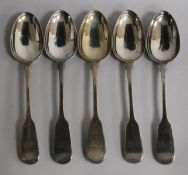 A set of five Victorian silver fiddle pattern table spoons, Elizabeth Eaton, London, 1865, 11.5 oz.