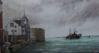 A. C. Jupp, watercolour, The Round Tower, Old Portsmouth and HMS Goldeneye returning to harbour,