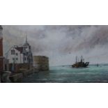 A. C. Jupp, watercolour, The Round Tower, Old Portsmouth and HMS Goldeneye returning to harbour,