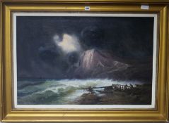 Alfred Godchaux, oil on canvas, wreckers on the shore under moonlight, signed, 59 x 90cm