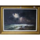 Alfred Godchaux, oil on canvas, wreckers on the shore under moonlight, signed, 59 x 90cm