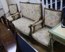 A Louis XVI style three piece gilt suite settee W.127cm