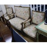 A Louis XVI style three piece gilt suite settee W.127cm