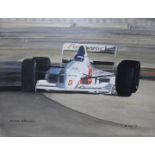 Valerie Currie, oil on board, 'Michele Alboreto Test Run', signed, 35 x 45cm