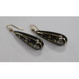 A pair of early 20th century yellow metal and tortoiseshell pique teardrop shaped earrings, 41mm