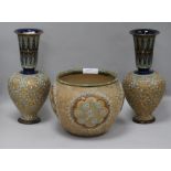 A pair of unusual Royal Doulton pierced Slater's patent vases and a similar jardiniere