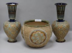 A pair of unusual Royal Doulton pierced Slater's patent vases and a similar jardiniere