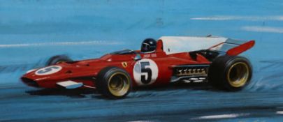 Tony Smith, oil on board, Jacky Ickx Ferrari, signed and dated '72, 34 x 75cm