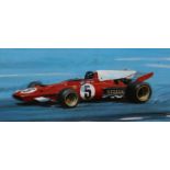 Tony Smith, oil on board, Jacky Ickx Ferrari, signed and dated '72, 34 x 75cm