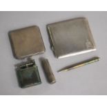 Two silver cigarette cases, a silver lipstick holder, a Dunhill lighter and a pencil.