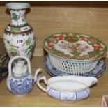 A Chinese teapot, a vase, ironstone plates, etc.