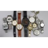 Assorted wrist watches including Jess Danby chronograph and Oris and three fob watches.