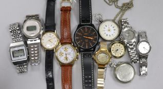 Assorted wrist watches including Jess Danby chronograph and Oris and three fob watches.