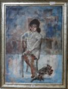 Eva Fischer (b.1920), oil on canvas, study of a seated girl and cat, signed, 72 x 53cm