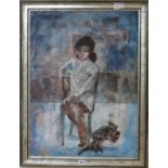 Eva Fischer (b.1920), oil on canvas, study of a seated girl and cat, signed, 72 x 53cm