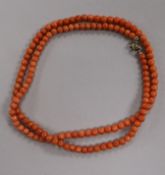 A single strand coral bead necklace, 64cm.