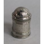 A Georgian white metal cylindrical nutmeg grater, c.1800, 32mm.