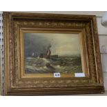 19th century English School, oil on millboard, shipping off the coast, 21 x 29cm