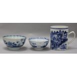 An 18th century blue and white bowl, a mug and a Liverpool bowl