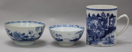 An 18th century blue and white bowl, a mug and a Liverpool bowl