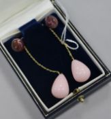 A pair of 18ct gold pink jade and ruby drop earrings, 66mm.
