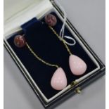 A pair of 18ct gold pink jade and ruby drop earrings, 66mm.