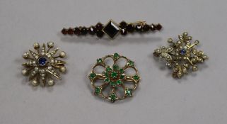 Four assorted gem set brooches, including two 9ct gold, bar brooch 52mm.