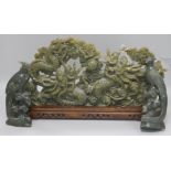 A large Chinese soapstone carving and two soapstone birds W.43cm. H.2cm.