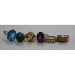 Six assorted 9ct gold and gem set rings including citrine and malachite.