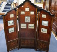 A 19th century Austrian thuyawood dressing screen inset with topographical prints W. 168cm approx.