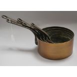 A set of five graduated copper saucepans