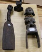 A Ghana tribal figure, a bell and a bust tallest 22cm