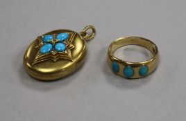 A late Victorian yellow metal, turquoise and diamond set oval locket and an 18ct gold and